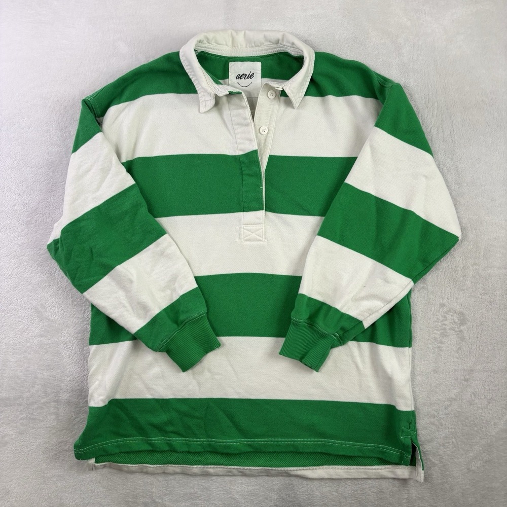 Aerie Green White Long Sleeve Collared Polo Shirt Sweater Women's Small